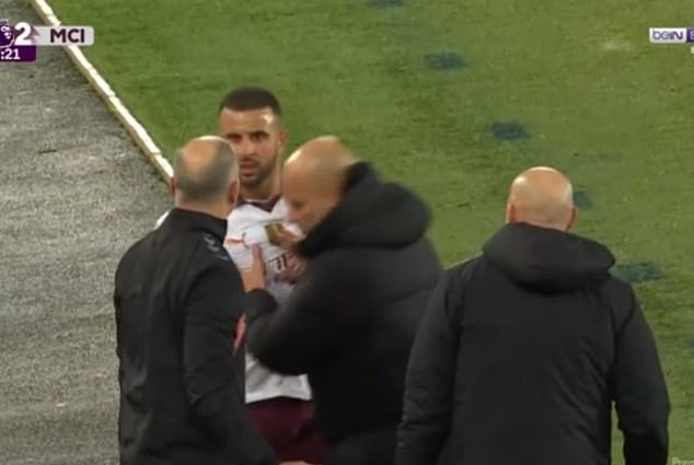 Kyle Walker was stopped by Pep Guardiola after the defender collided with Everton coach Ian Woan during Man City's 3-1 win at Goodison Park