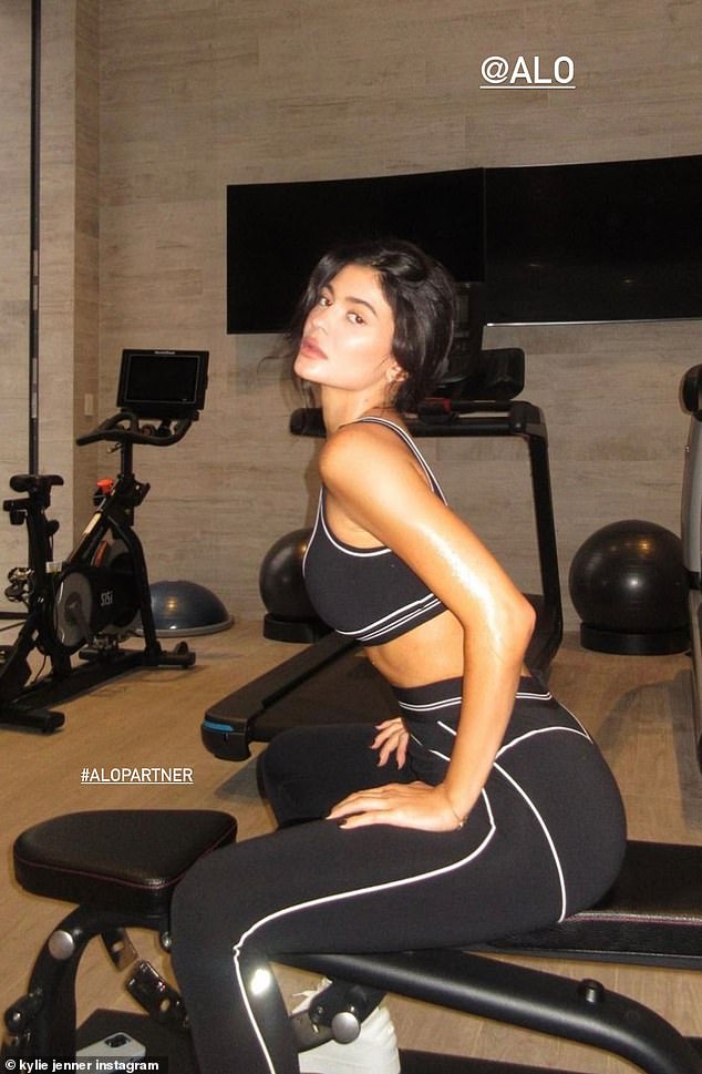 No stranger to sporty Alo clothing, Jenner shared photos of herself last month posing in a black sports bra and leggings with white trim