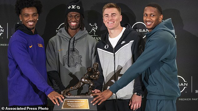 Heisman Trophy finalists, from left to right: Daniels, Harrison Jr., Nix and Penix Jr.