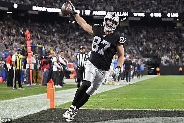 Las Vegas Raiders tight end Michael Mayer (87) celebrates after scoring a touchdown