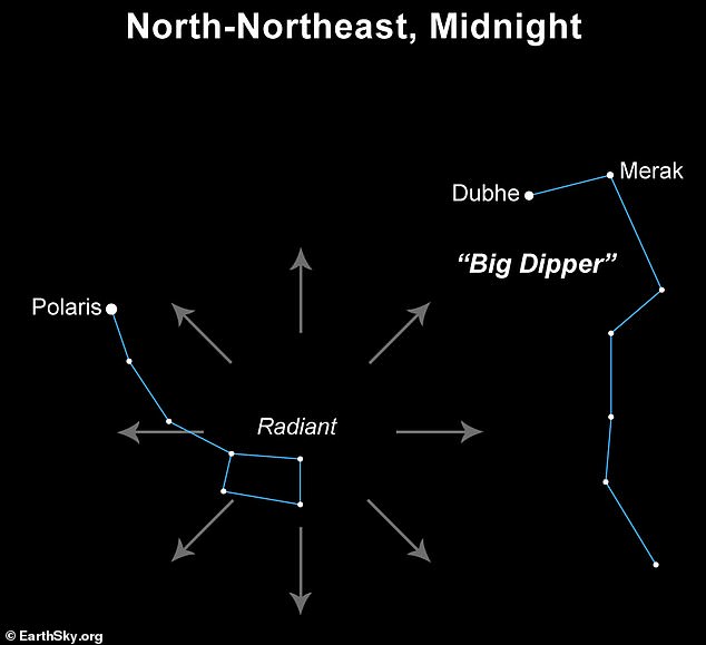 The Ursid shower is named after the region of the sky from which it appears to emerge, as shown in this sky map.  The meteors in the Ursid shower appear to radiate from the constellation Ursa Minor