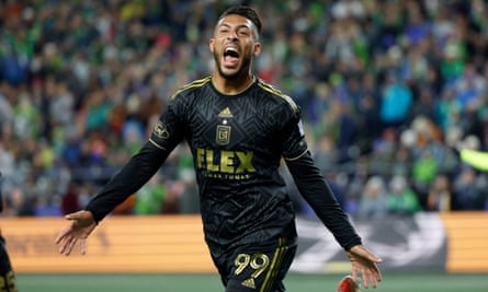 Denis Bouanga celebrates after scoring against the Seattle Sounders in the Western Conference semifinals.