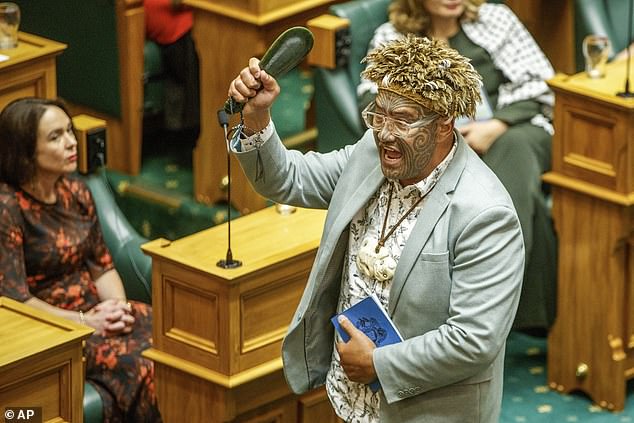 Three Te Pāti Māori Party lawmakers mockingly called him 'Kīngi harehare', instead of using the Māori name for him, 'Kīngi Tiāre'.  Pictured: Te Pati Maori co-leader Rawiri Waiti in the New Zealand parliament on Tuesday