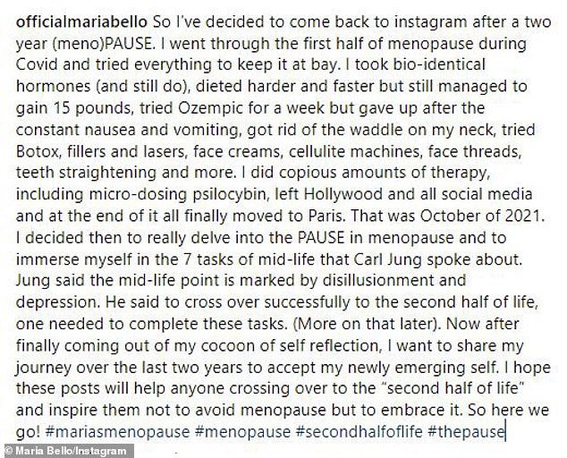 The 56-year-old emergency room vet returned to Instagram on Monday after two years to discuss her transition to menopause and how she has learned to finally accept her 'new emerging self'