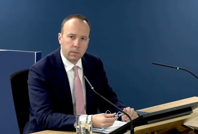 Mr Hancock (pictured today) told the Covid Inquiry that any decision on discharging care home patients during the pandemic was 'a choice between difficult options'