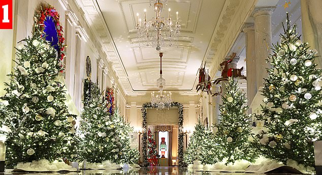 Option 1: Americans were asked to rate the Christmas decorations of first ladies in a blind test: the first choice shows trees simply fitted with white lights and decorated with white and mother-of-pearl balls