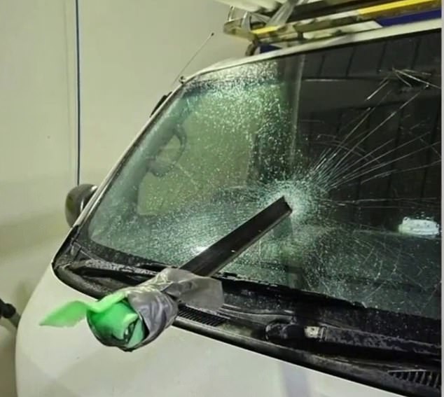 A plumber is lucky to be alive after this pole was impaled through the windshield of his van