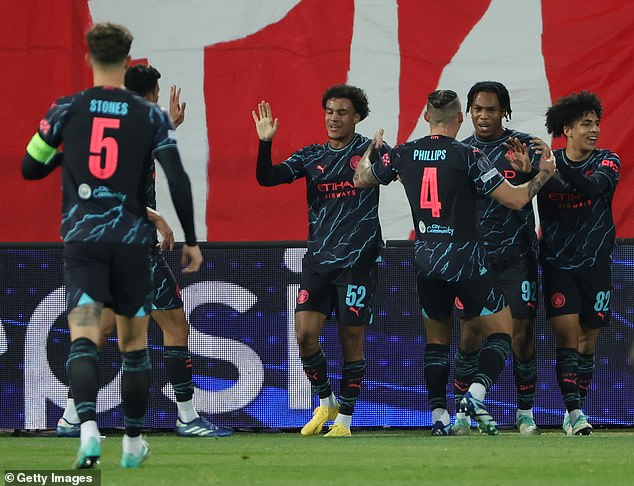 Manchester City youngster Micah Hamilton (centre) scored on his senior debut for the club on Wednesday