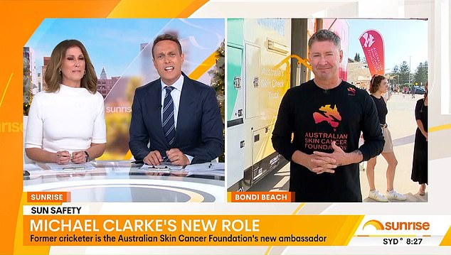 Michael Clarke (right) appeared on Sunrise on Tuesday to promote sun protection and host Matt 'Shirvo' Shirvington (second from left) couldn't resist the chance to reference his embarrassing topless fight with girlfriend Jade Yarbrough that left the country took it by storm earlier this year.  year.  Also pictured: Sunrise co-host Natalie Barr (left)