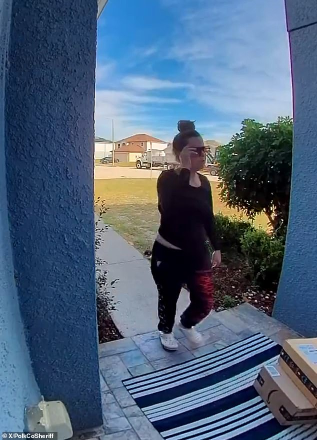 Kensley Mott, 32, has been arrested and charged after surveillance footage captured her walking to the porch, taking numerous Amazon boxes and loading them into a red truck in Winter Haven, Florida