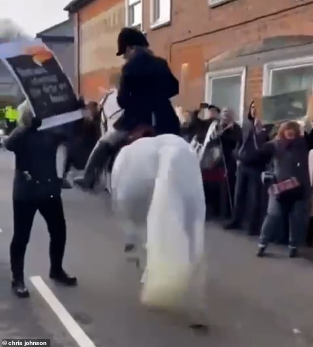 An anti-hunting saboteur confronted a horse and rider during a Boxing Day parade in Elham, Kent, causing the 'startled' animal to mount in front of children