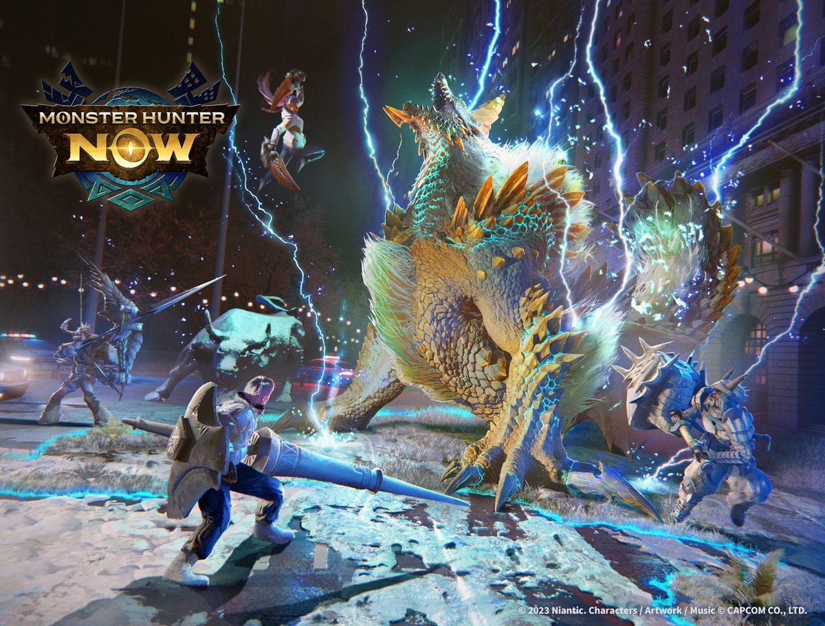 Monster Hunter Now Fulminations in the Frost teaser image, showing hunters fighting Zinogre.