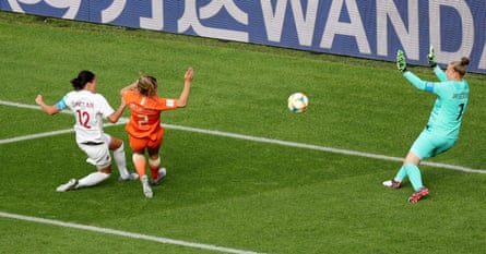 Christine Sinclair scores in the 2019 FIFA Women's World Cup match between Canada and Netherlands at the Stade Auguste-Delaune