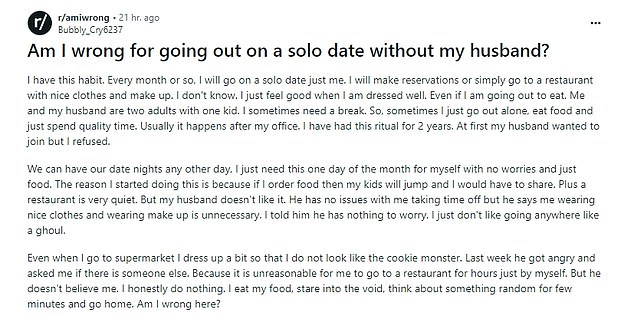 The mother of one took to Reddit to question whether she is wrong for leaving her husband with their child to go to fancy dinners alone