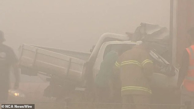 The multi-vehicle collision on the Western Freeway at Myrniong near Bacchus Marsh happened just before 4pm on Monday.  Image: Nine news