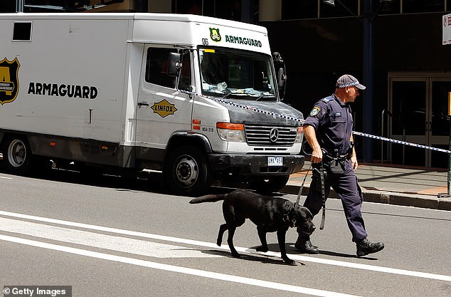 Police and a sniffer dog patrol a Sydney street after shots were fired at a cash-in-transit vehicle