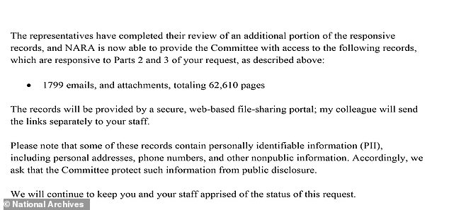 In a letter dated Monday, the Archives said it had completed a review and would turn over 1,799 emails and attachments.  The letter was first obtained by the Washington Examiner