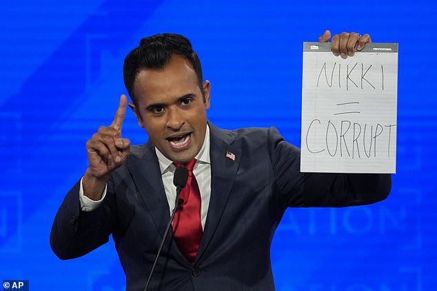 Republican presidential candidate Vivek Ramaswamy held up the notepad he was given during the fourth Republican debate, which showed he had scribbled 