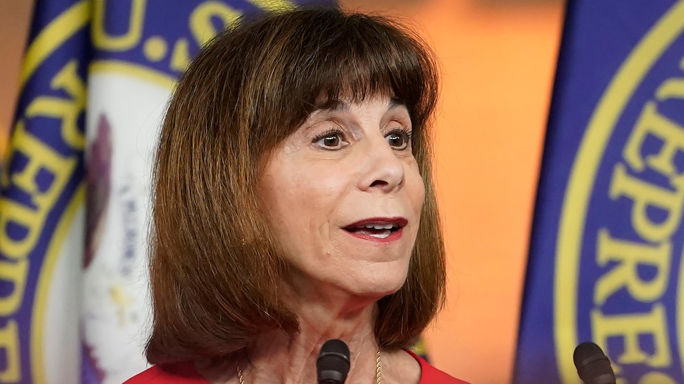 FILE - U.S. Rep. Kathy Manning, D.C., speaks during a news conference at the Capitol, July 19, 2022, in Washington.  Manning, a second-term Democratic congressman, will not seek re-election to the U.S. House of Representatives under the North Carolina General Assembly's new redistricting maps, she announced Thursday, Dec. 7, 2023.  (AP Photo/Mariam Zuhaib, File)