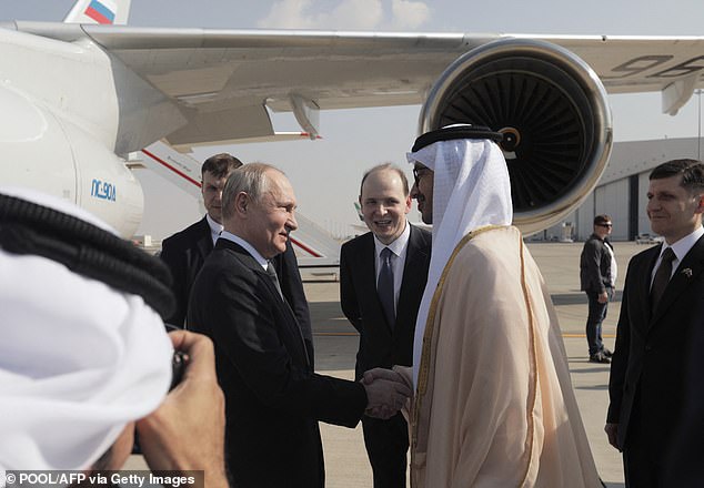 Vladimir Putin (pictured) was seen today flying to the UAE for a rare visit with a full schedule outside the former Soviet Union