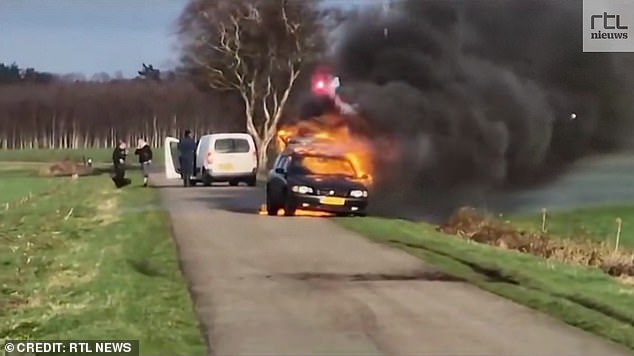 Images show colorful flares shooting from the car full of fireworks