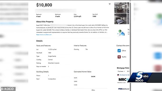 An Oklahoma woman is outraged after scammers listed her four-bedroom home on Zillow for just $10,000