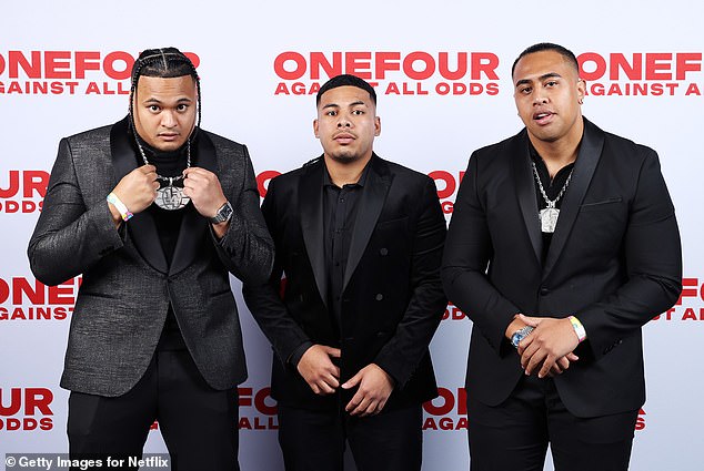 Members of OneFour are pictured at the premiere of their Netflix documentary.  Spenny, left, Celly, center and J Emz, right.  Misa was not at the launch as he was in custody following the wild brawl in Sydney's northwestern suburb of South Windsor in September