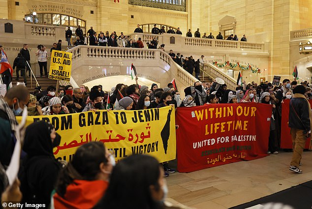 The ADL Center on Extremism said preliminary data shows 312 anti-Semitic incidents were reported in the U.S. between Oct. 7 and 23, including harassment, vandalism and assault.  Pictured: Pro-Palestinian groups fill New York's Grand Central Terminal