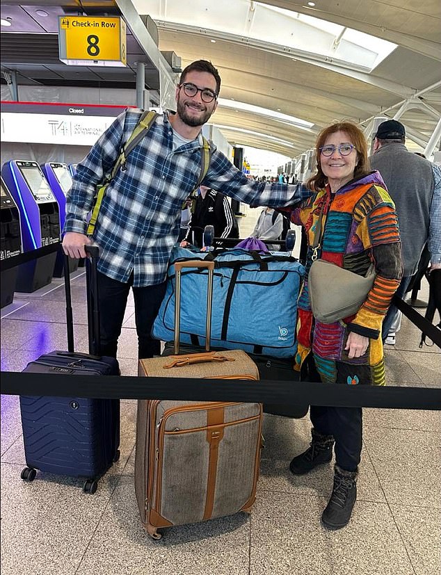 Aaron Gold, 26, pictured with his mother at the airport.  Gold was one of 218 Americans who left the United States to move to Israel after the October 7 Hamas attack on Israel.