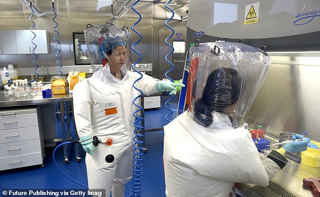 Virologist Shi Zheng-li, left, works with her colleague in the P4 lab of the Wuhan Institute of Virology