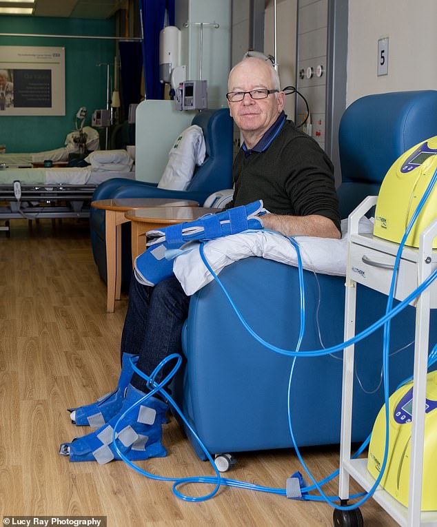 Brian Conroy's hands and feet are deliberately cooled in a clinical trial looking at reducing one of the most debilitating side effects of chemotherapy: peripheral neuropathy