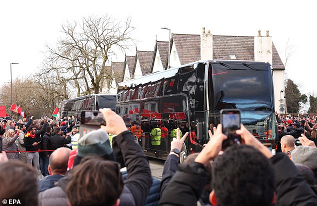 A bottle was thrown at the Man United team bus as it headed to Anfield on Sunday