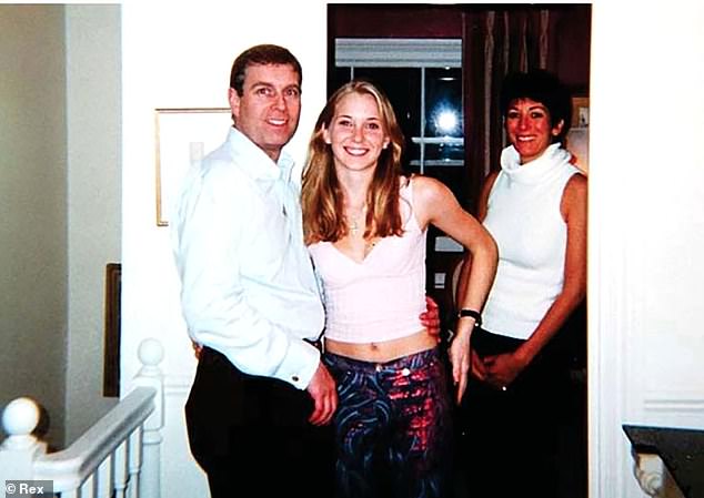 Virginia Giuffre claims she was trafficked by Epstein and had sex with the Duke of York at the age of 17.  Pictured: Prince Andrew, Virginia Roberts, 17, and Ghislaine Maxwell