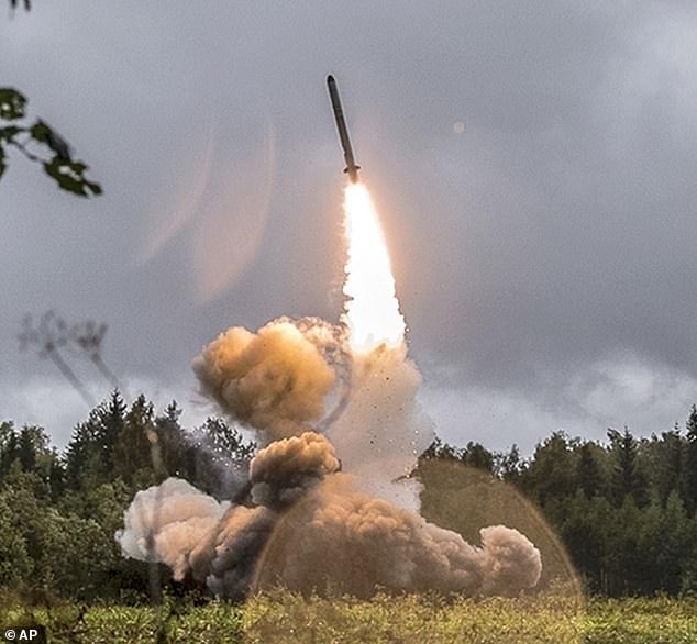 A Russian Iskander-K missile launched during a military exercise at a training area at the Luzhsky Range, near Saint Petersburg, Russia, in 2017