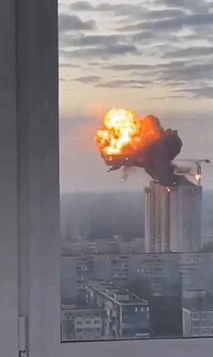 Video released on social media showed a Russian missile attack on Kiev.  A high-rise building was hit in Kiev.