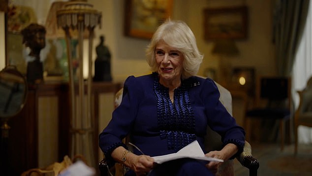 Queen Camilla's book charity 'Reading Room' has launched its first ever podcast, set to air early next year (Pictured: Her Majesty films The Queen's Reading Room Podcast)