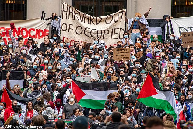 Protesters are seen at Harvard on October 14.  Gay was criticized for being slow to condemn students' justifications for Hamas terror attacks