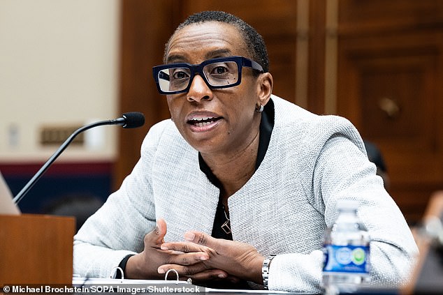 Claudine Gay is pictured testifying before Congress on December 5.  It emerged on Thursday that she was accompanied before her appearance by a lawyer who previously headed the Harvard Corporation, the university's governing body.