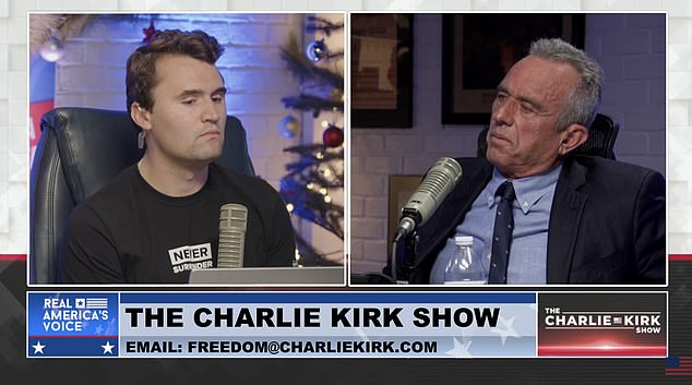 Conservative activist Charlie Kirk (left) spoke with independent presidential candidate Robert F. Kennedy Jr.  (right) for an episode of his Charlie Kirk Show.  Kennedy was silent for seven seconds after Kirk asked him what kind of justices he would appoint to the Supreme Court