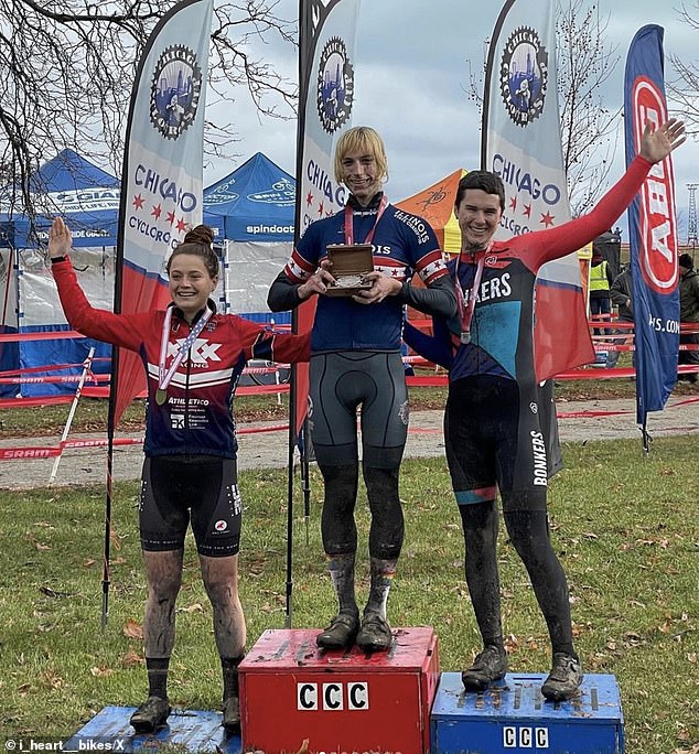 Kristin Chalmers (left) finished third behind trans women Tessa Johnson (center) and Evelyn Williamson (right) at the Illinois State Cyclocross Championships on December 3