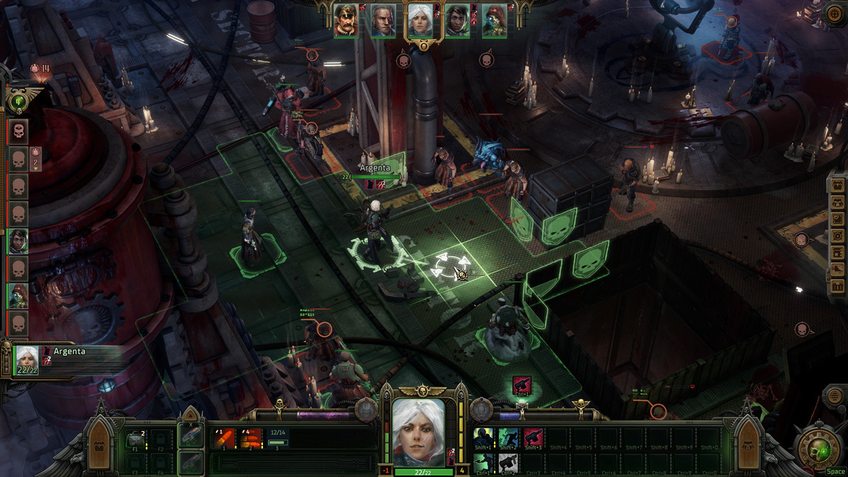 A Rogue Trader and his companions find themselves in the middle of a battle, showcasing the grid-based movement and cover systems of Owlcat Games' new CRPG.