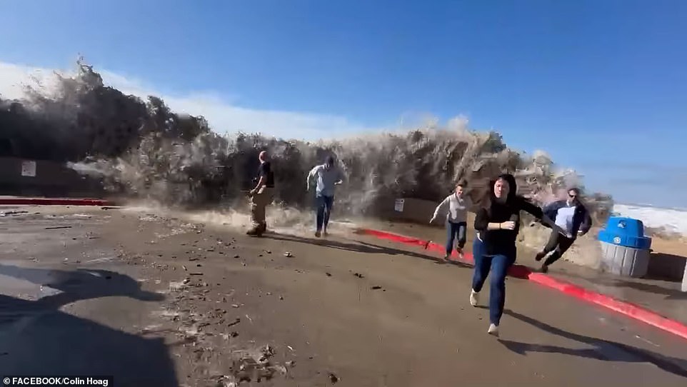 In Ventura, bystander video showed a wave crashing against a sea wall, sending a panicked crowd of onlookers fleeing inland as water rushed toward them.