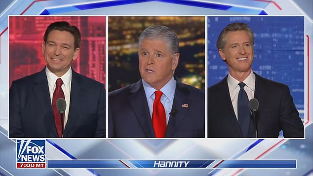 Florida Governor Ron DeSantis (left) and California Governor Gavin Newsom (right) met Thursday evening in Alpharetta, Georgia, hosted by Fox News and moderated by Sean Hannity (center).