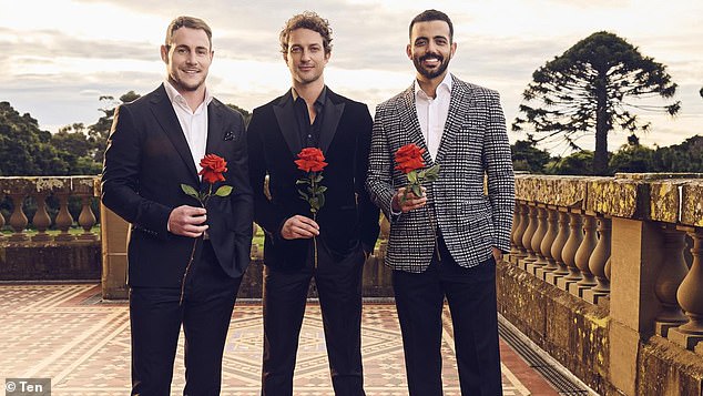 The eleventh season of The Bachelors premiered Sunday night to just 224,000 Metro viewers, the lowest premiere audience in franchise history.  Pictured L - R: Luke Bateman, Ben Waddel and Wesley Senna Cortes of the new bachelor