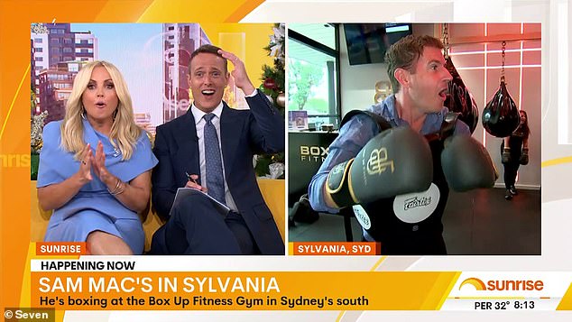 Sam Mac, 42, suffered an unfortunate foul on Monday's episode of Sunrise after attempting to demonstrate his boxing skills live on air.  (L-R: Monique Wright, Matt Shirvington, Sam Mac)