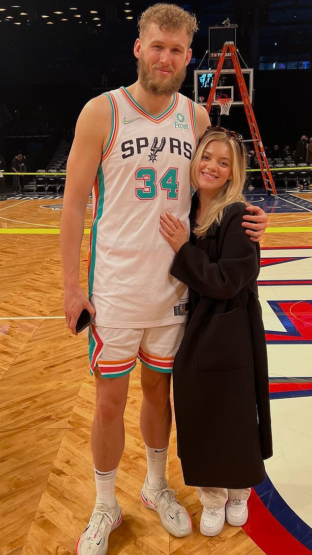 Houston Rockets star Jock Landale (left) is accused of using Max Jones as a dance floor while they were in school.  He is pictured with his partner Indi Maddern