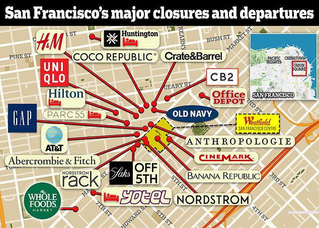 A map shows the major companies that have left or are planning to leave San Francisco in recent months