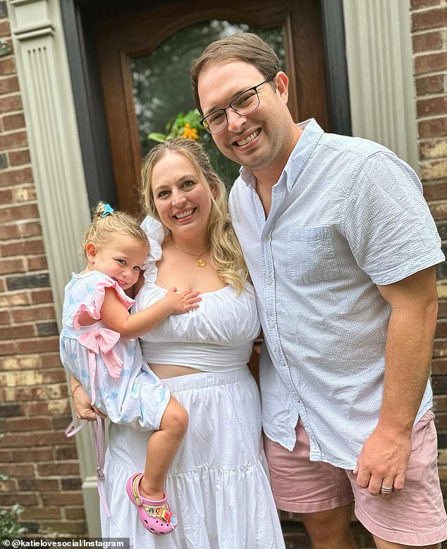 Katie told Today that she and her husband, Aaron Martin (pictured), are teaching their daughter never to accept a hug or kiss from anyone, including her parents.