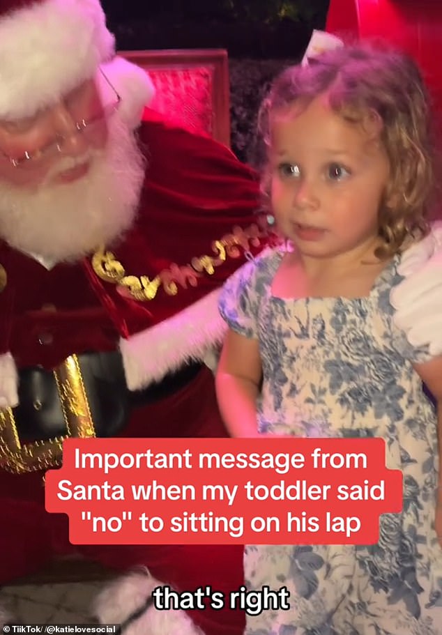 Florida mom Katie Love showed off three-year-old daughter Adley (pictured) taking a festive photo with her local Santa at the Ritz-Carlton Key Biscayne in Miami — but she didn't sit on his lap