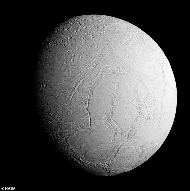 Enceladus — Saturn's sixth largest moon — is a frozen sphere just 313 miles in diameter (about one-seventh the diameter of Earth's moon).  It is depicted in this image taken by NASA's Cassini spacecraft